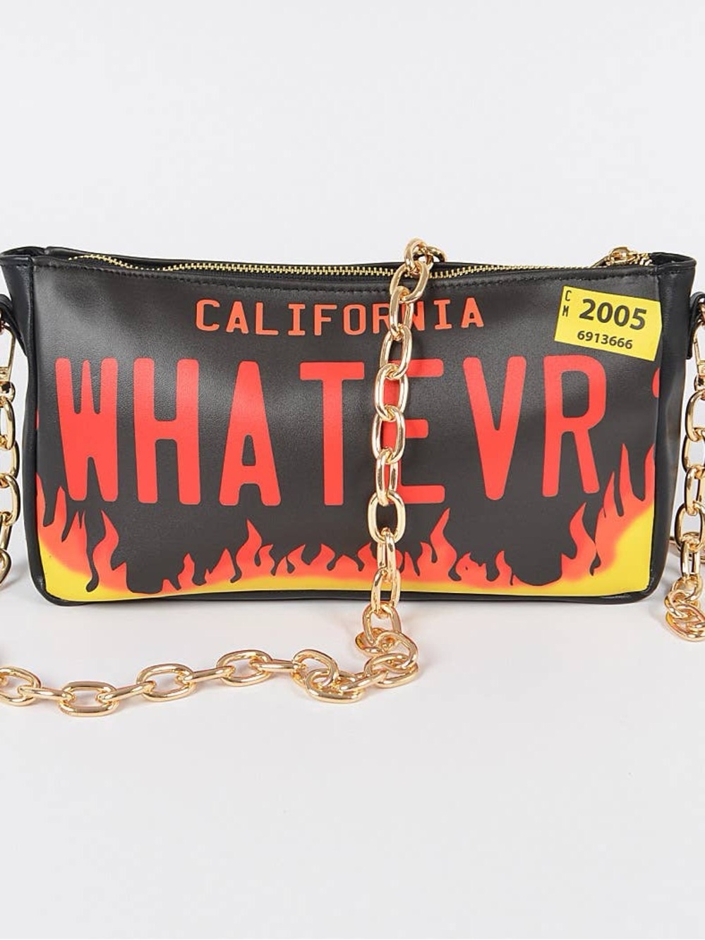 Y3K "WHATEVR" Flame Print Crossbody Bag with Gold Chain